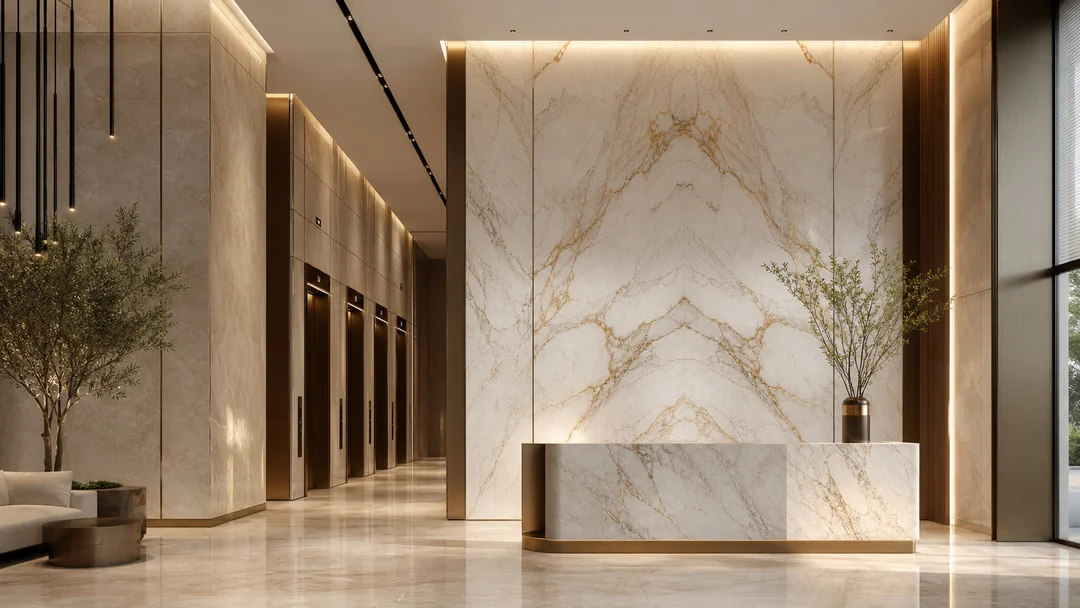 Generated concept render of a luxury lobby with bookmatched white marble and warm gold veining
