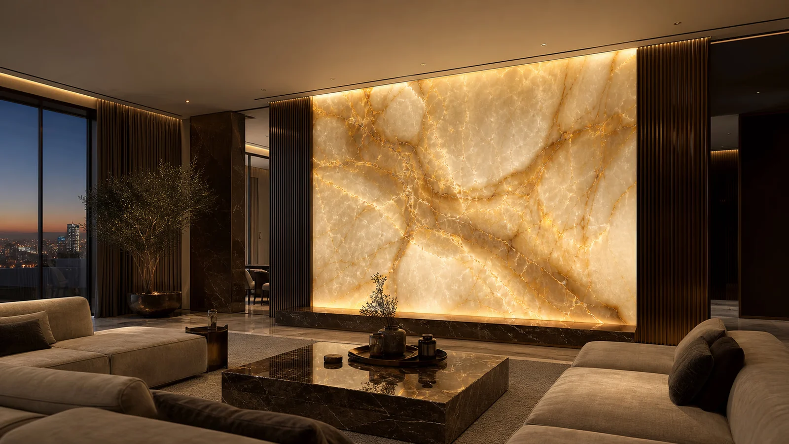 Generated concept render of a private apartment with a backlit honey onyx feature wall