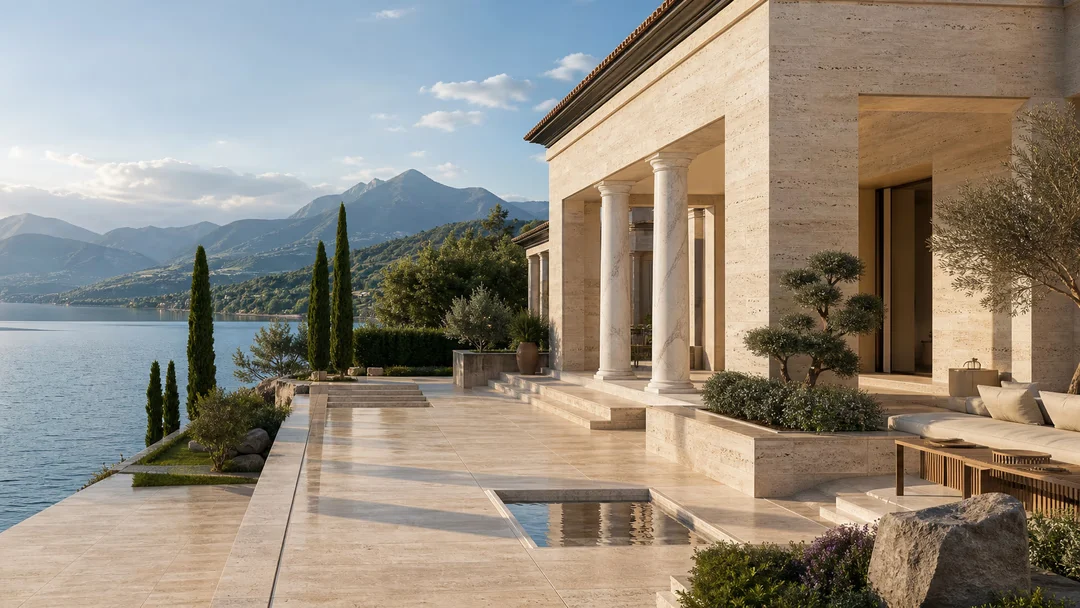 Generated concept render of a lakeside villa terrace clad in honed travertine